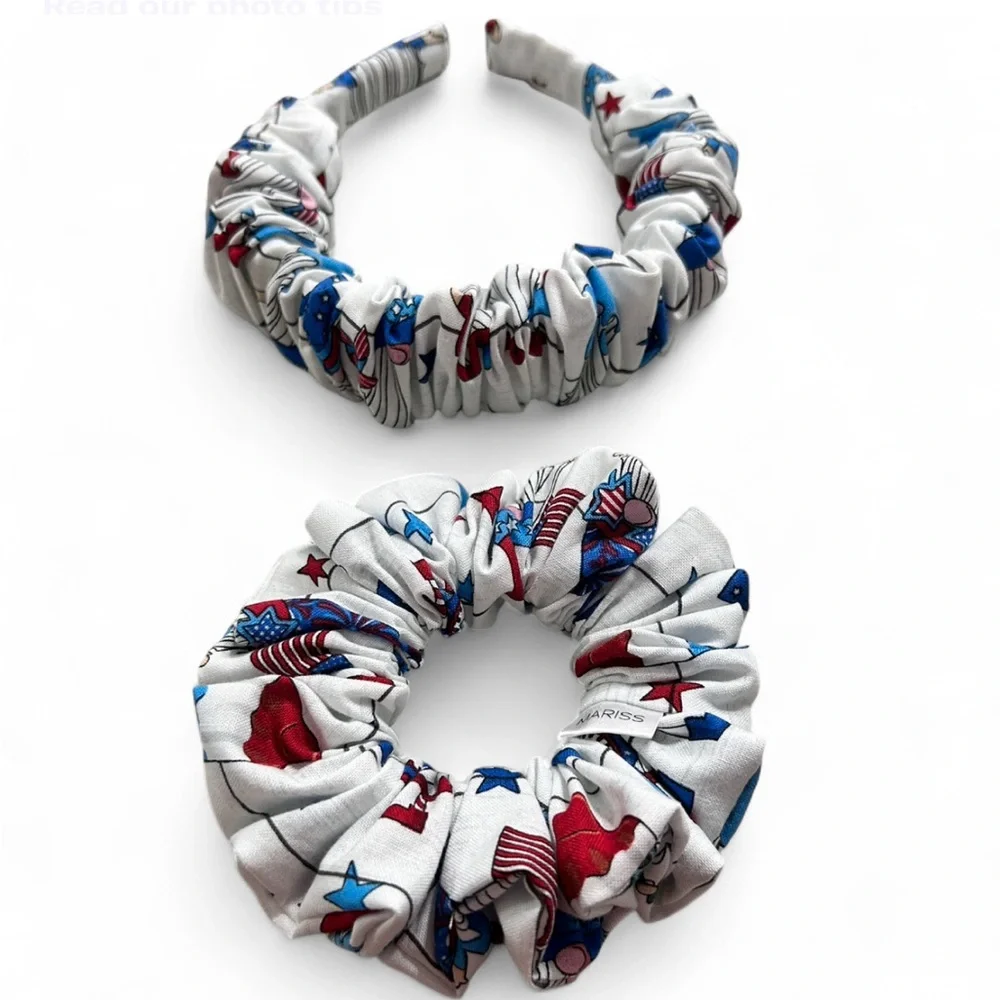 Patriotic Red and Blue Pattern Hair Scrunchies and Headband Set. Handmade.